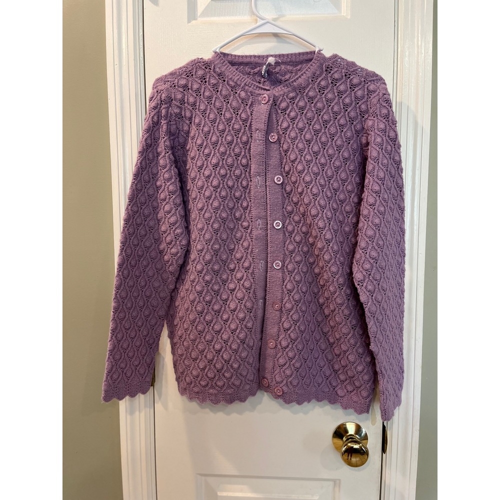 Vintage British Vogue Purple Popcorn Knit Cardigan Scalloped Wintuk USA Made L